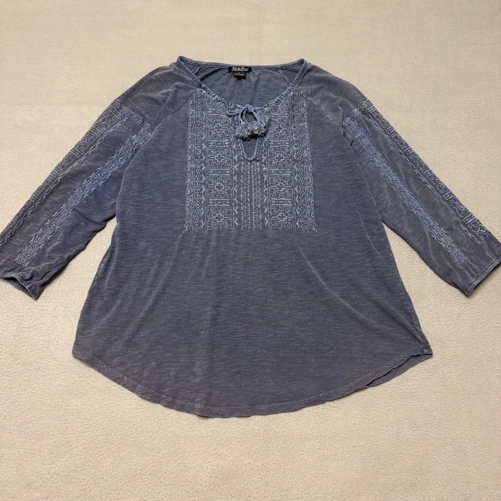 Lucky Brand Embroidered Top Womens Large Blue Cotton Boho Tassel Tie Blouse